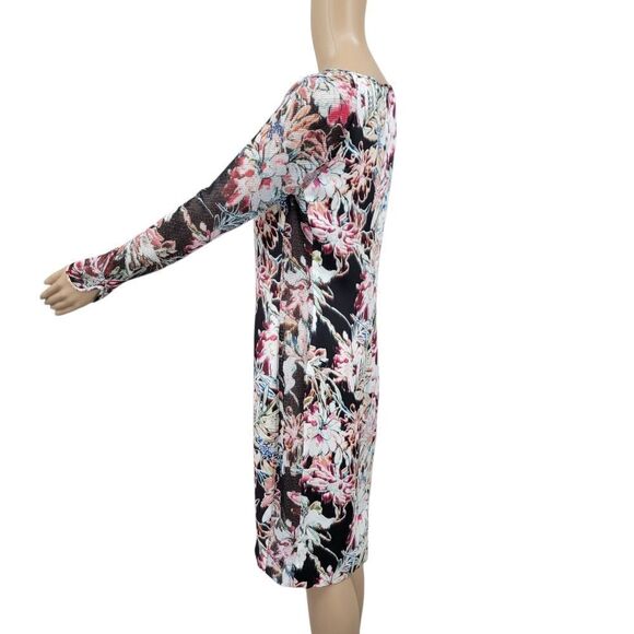 L'AGENCE Silk Floral Midi Dress with Mesh Long Sleeves Black Women's Size 8 - Picture 2 of 12